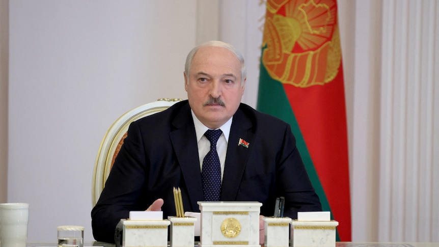 Belarusian President Alexander Lukashenko chairs a meeting.
