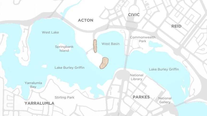 Mapped surface outcrops of limestone on Acton Peninsula, Lake Burley Griffin