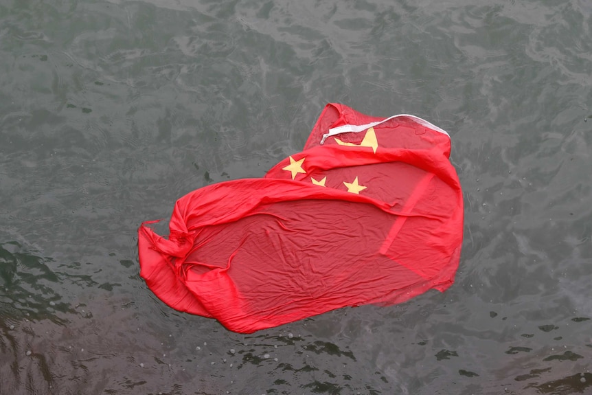 A Chinese flag floats on the surface it was thrown in the water by protesters.
