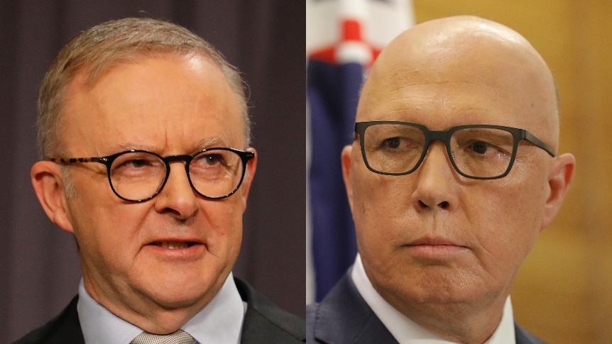 A composite image of close up shots of Anthony Albanese and Peter Dutton. 