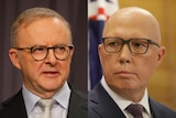 A composite image of close up shots of Anthony Albanese and Peter Dutton. 