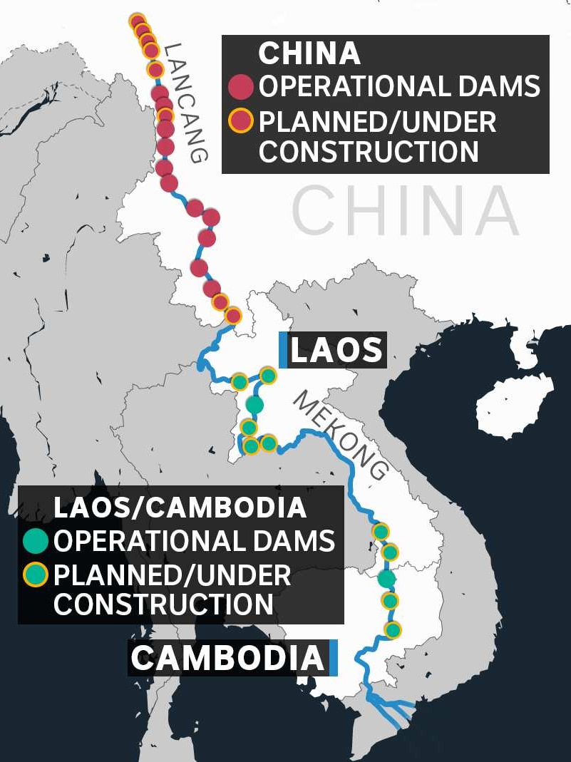 You view a map of the Mekong River running through South-East Asia with dams mapped across it.