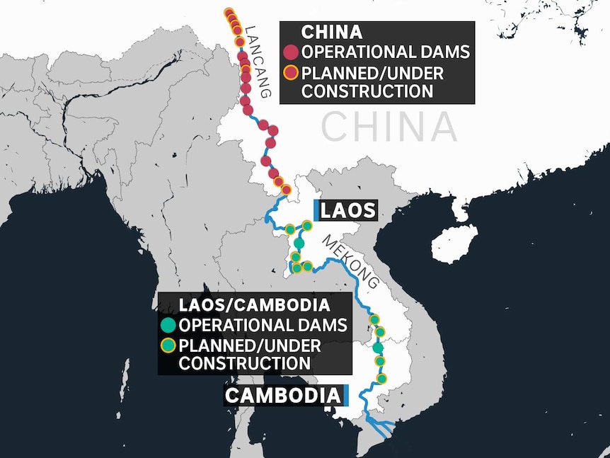 You view a map of the Mekong River running through South-East Asia with dams mapped across it.