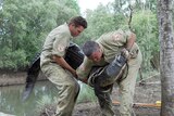 Rangers lift a captured 2.5 metre crocodile from a Darwin waterway last year.