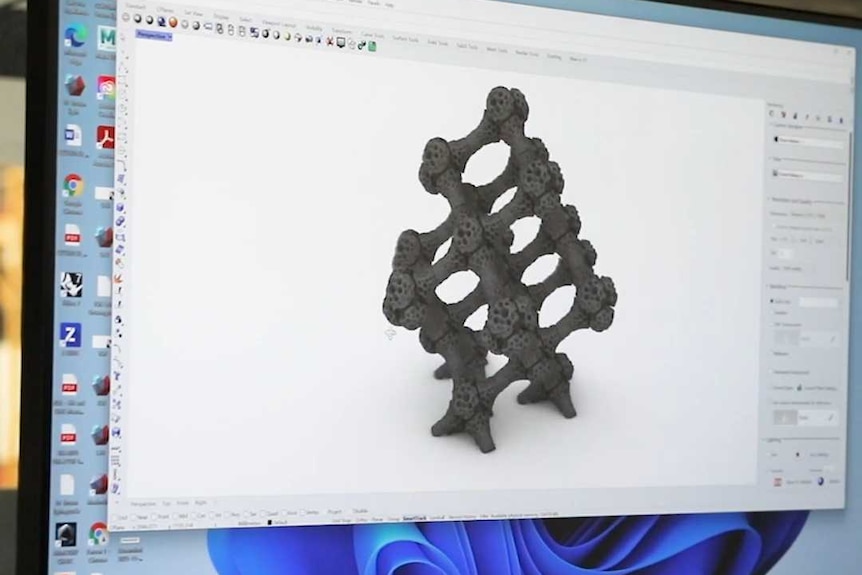 You view a computer monitor showing a grey geometric shape on a 3D-printing program.