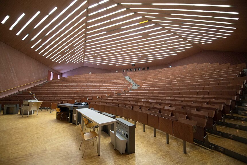 An empty university lecture hall