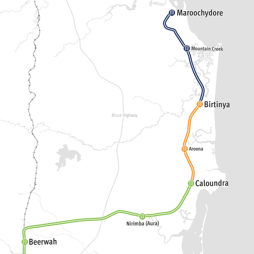 A map shows a railway on the Sunshine Coast.
