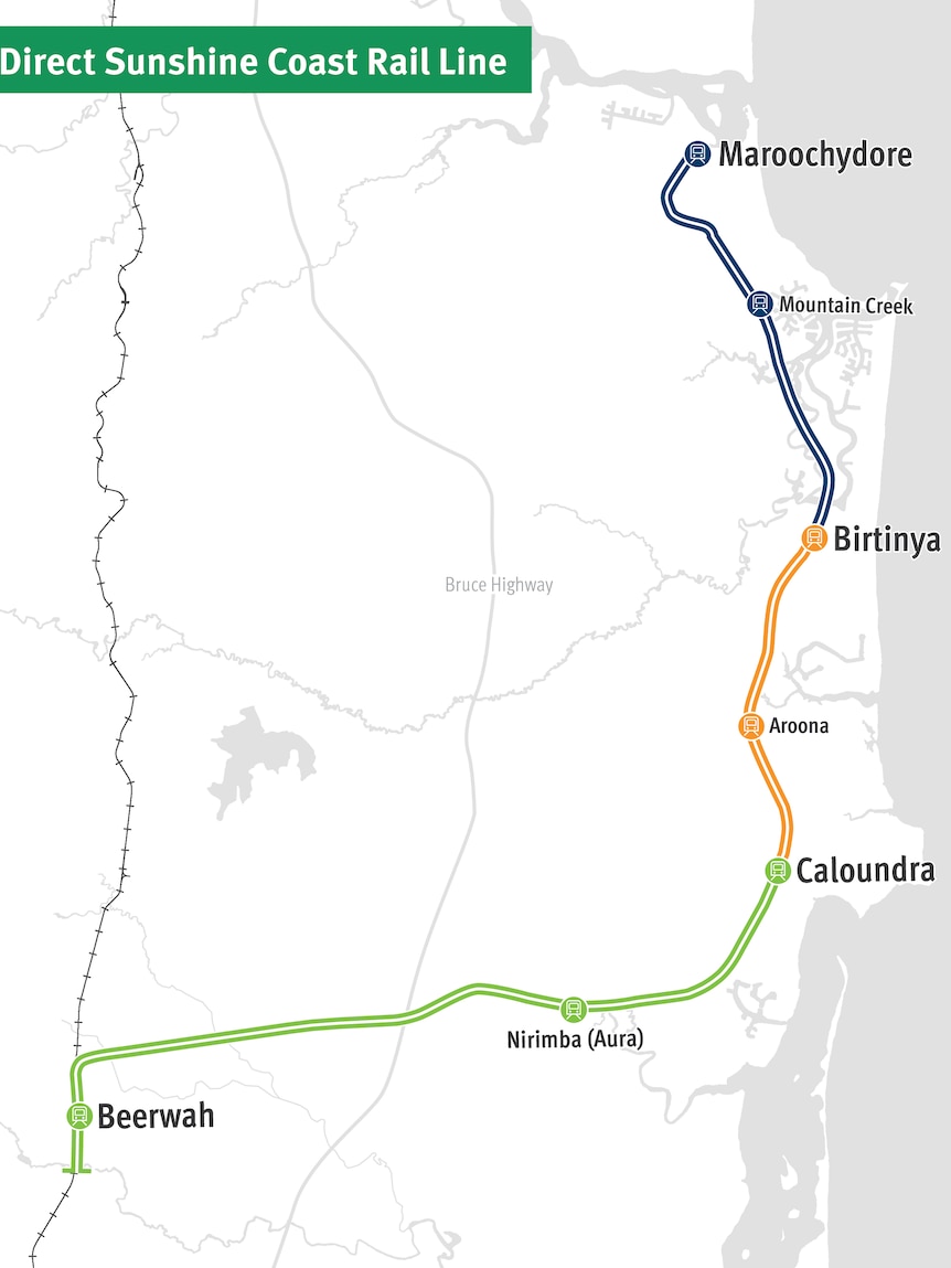 A map shows a railway on the Sunshine Coast.