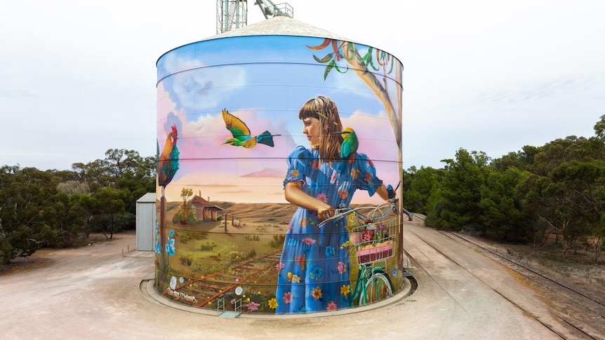 Artists work on a giant mural on a silo in a country town.