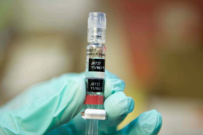 A nurse in California loads a syringe with a hepatitis vaccine.
