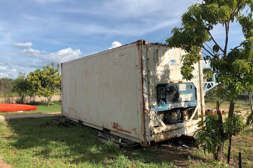 A photo of a sea container that contains the skeletons of 50 people from the Fitzroy Crossing area