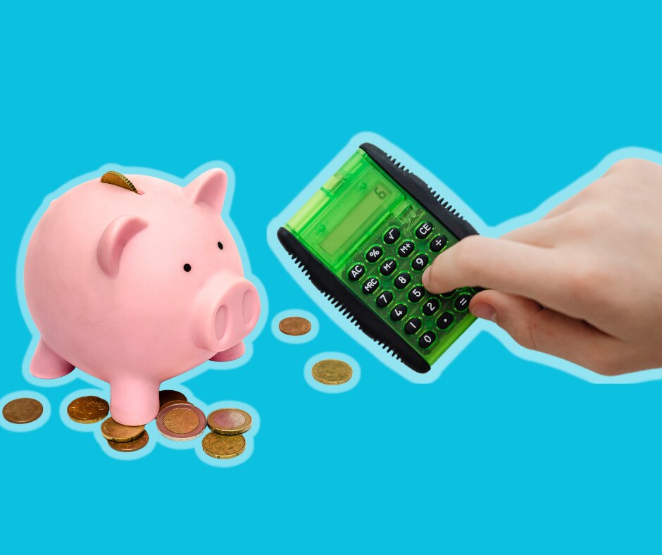 A pink piggy bank full of coins and a green calculator