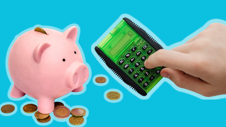 A pink piggy bank full of coins and a green calculator