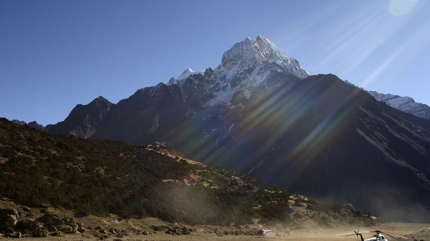 Organisers of the Everest Base Camp cabinet meeting arrive at Shyangboche airstrip