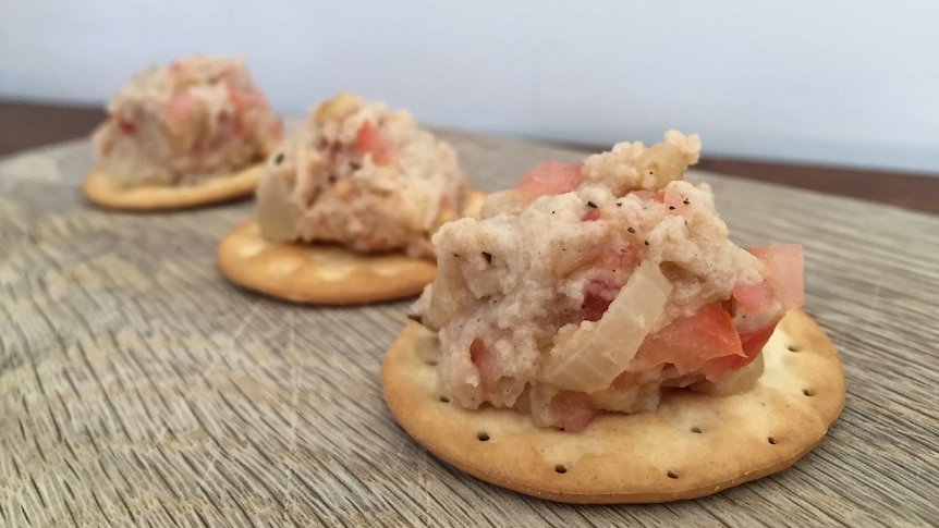 Three crackers tapped with mock chicken dip.