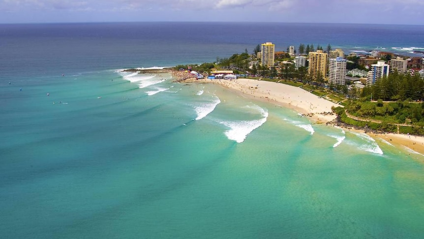 Southern Gold Coast super sand break at Snapper Rocks from above