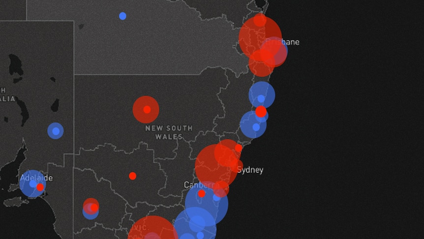 Heat map of NSW and Victoria showing visits from the Coalition and Labor during the campaign