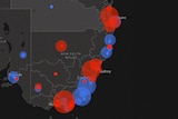 Heat map of NSW and Victoria showing visits from the Coalition and Labor during the campaign