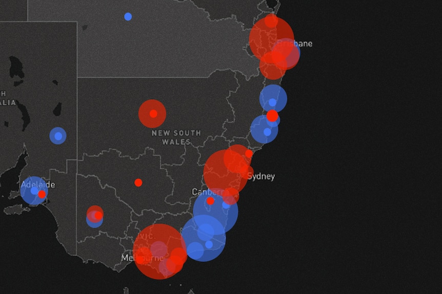 Heat map of NSW and Victoria showing visits from the Coalition and Labor during the campaign