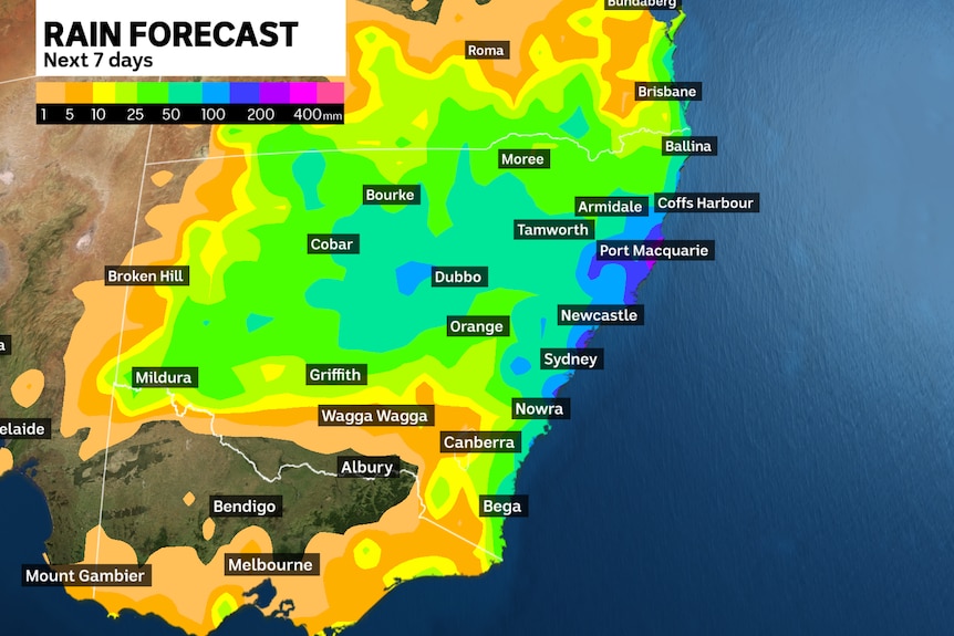 a weather map showing rain across the state, particularly along the east coast