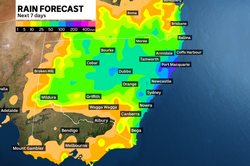 a weather map showing rain across the state, particularly along the east coast