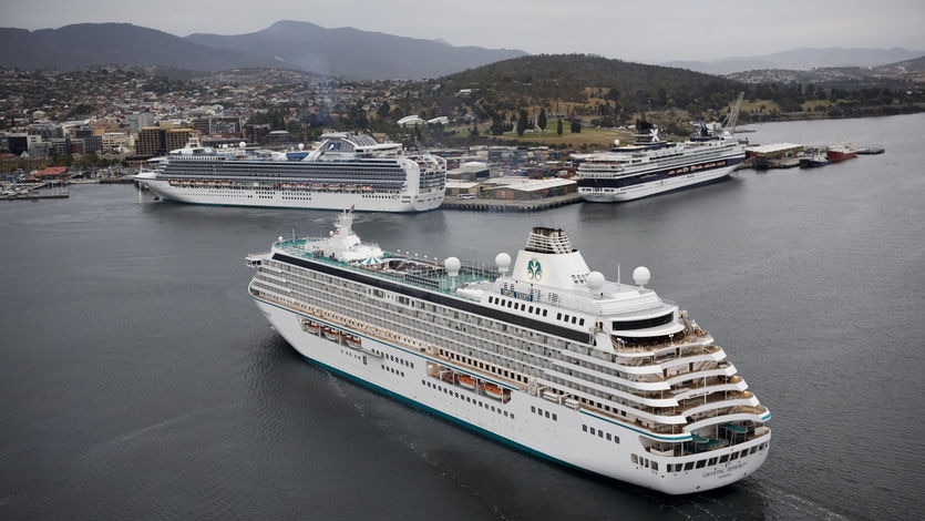 Three large cruise ships in docked in Hobart