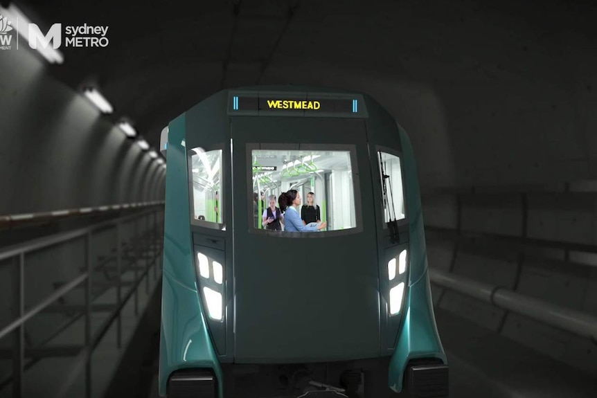 An artist's impression of an underground tunnel and train with destination board that reads: Westmead.