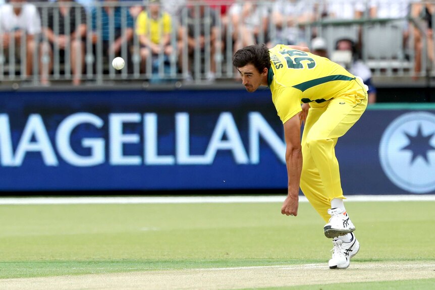 Mitchell Starc sends down a quick delivery at Perth Stadium.