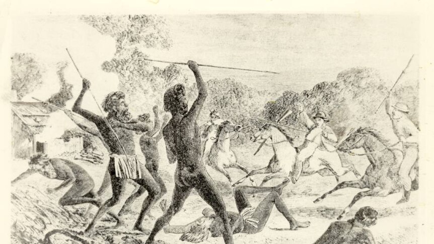 Historical etching depicting Aboriginal and non-Aboriginal frontier warfare, early 1800s