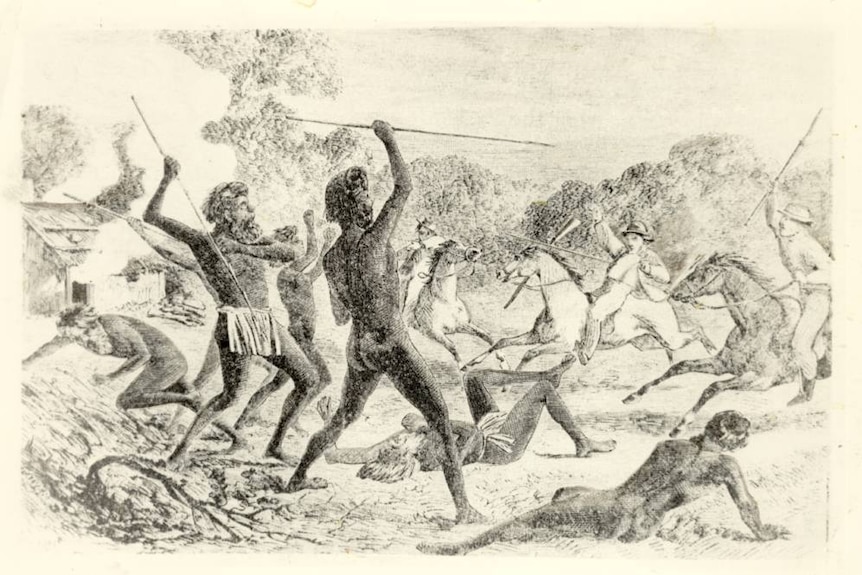 Historical engraving depicting Aboriginal and non-Aboriginal frontier warfare, early 1800s
