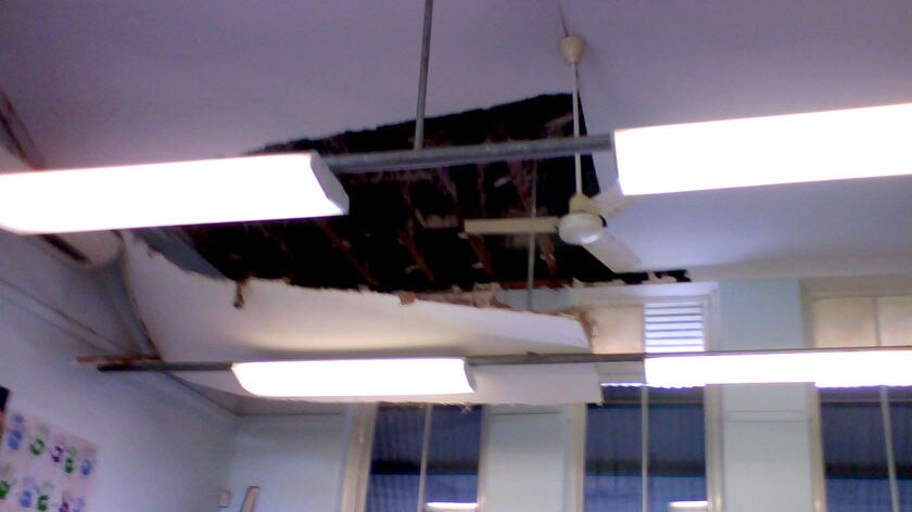 The ceiling in a Boulder Primary School classroom  is ripped open after an earthquake