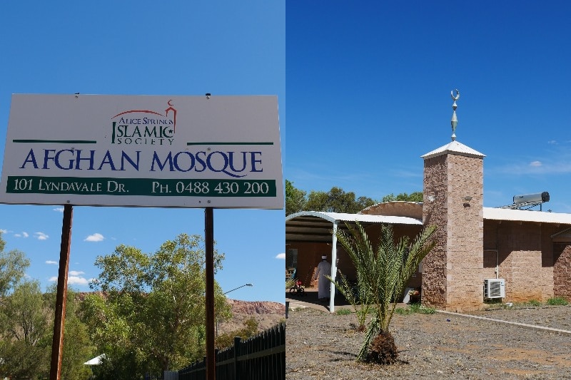 Sign for Afghan Mosque, next to a photo of the small mosque building.