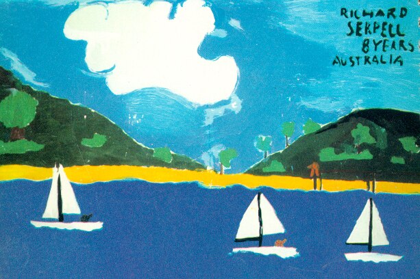 A drawing by an Australian called Richard Serpell, 8 years old in 1968, of a boat sailing in water