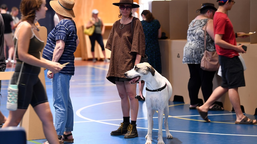 a woman stands in a queue to vote with her great dane