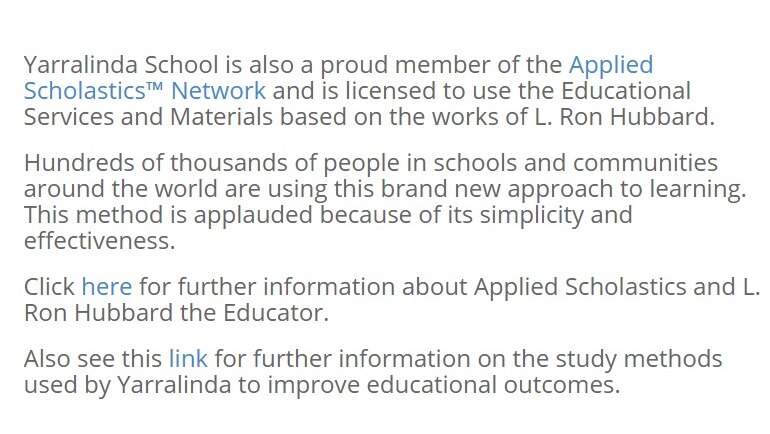 A screenshot of the website of Yarralinda School, which says it is a proud member of the Applied Scholastics network.