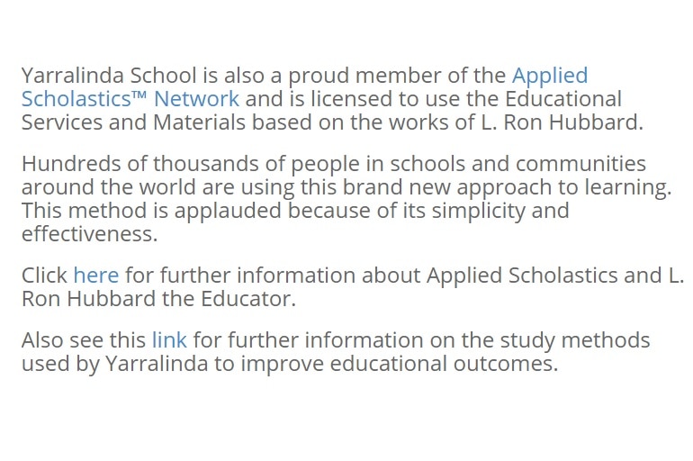 A screenshot of the website of Yarralinda School, which says it is a proud member of the Applied Scholastics network.