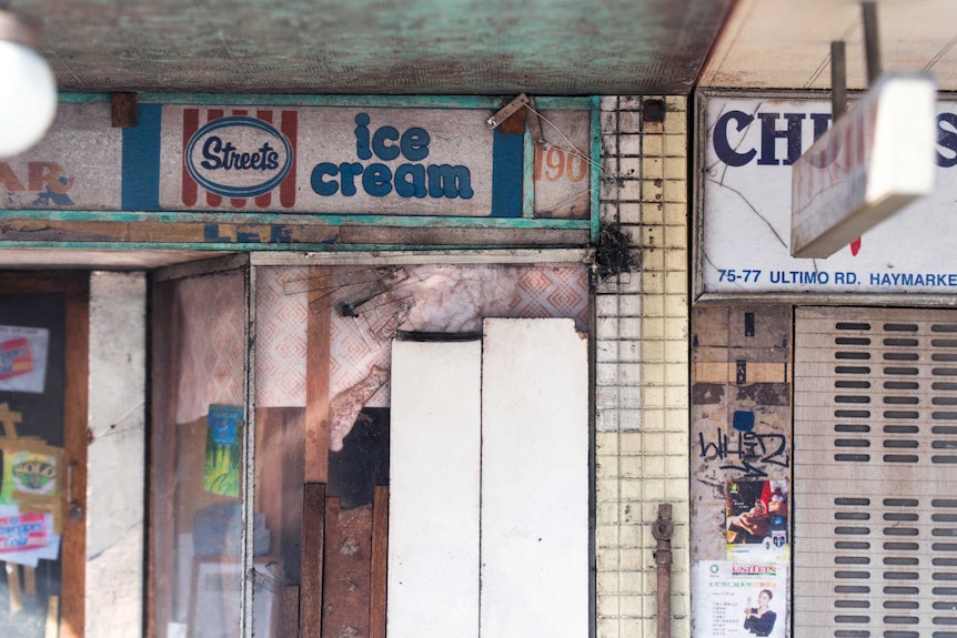 Close up of Mr Smith's recreation of the Olympia Milk Bar in Stanmore, featuring the window.