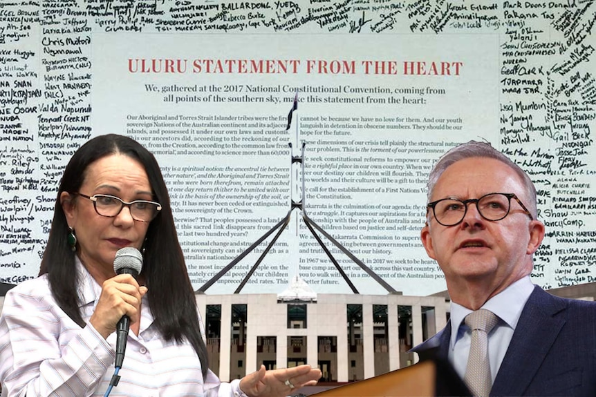 A composite image of Anthony Albanese and Linda Burney in front of the Uluru Statement