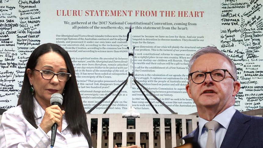 A composite image of Anthony Albanese and Linda Burney in front of the Uluru Statement