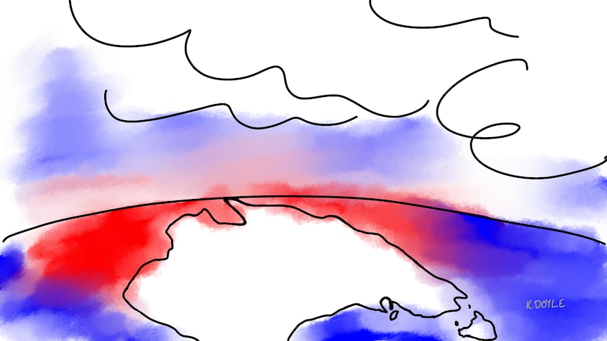 Drawing of Australia with looming clouds above