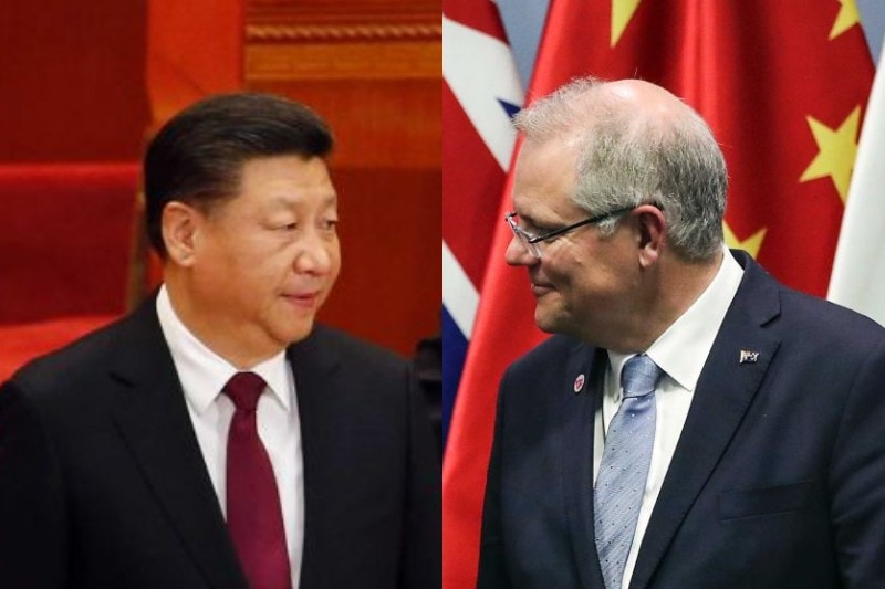 A composite image of Xi Jinping and Scott Morrison against red backdrops