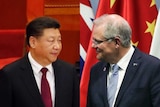 A composite image of Xi Jinping and Scott Morrison against red backdrops