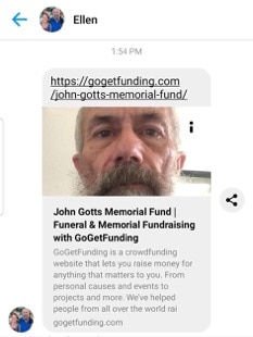 A screenshot from Facebook using a fake account to entice friends of dead pilot John Gotts to donate for his funeral costs.