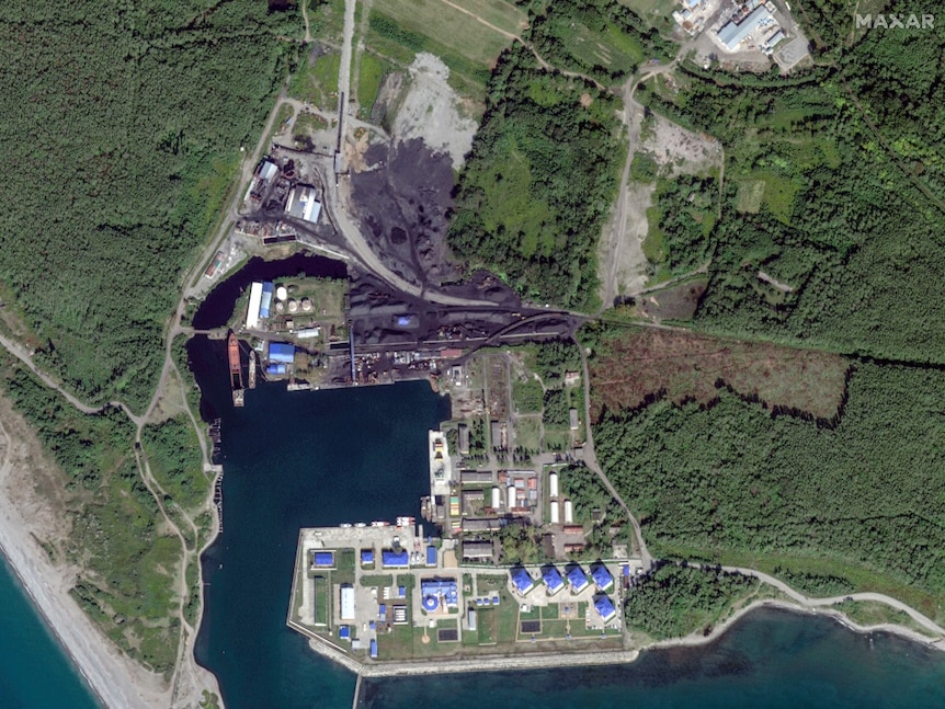 A satellite image of a port 