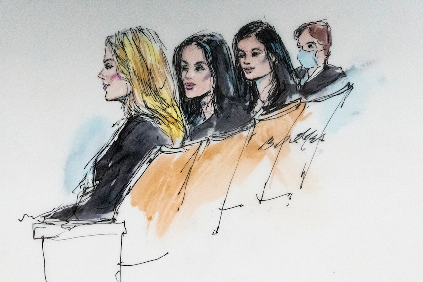 A colour sketch of four women in black suit jackets seated next to one another.