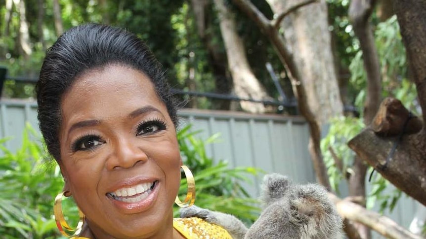 Oprah Winfrey cuddles a koala on Hamilton Island.