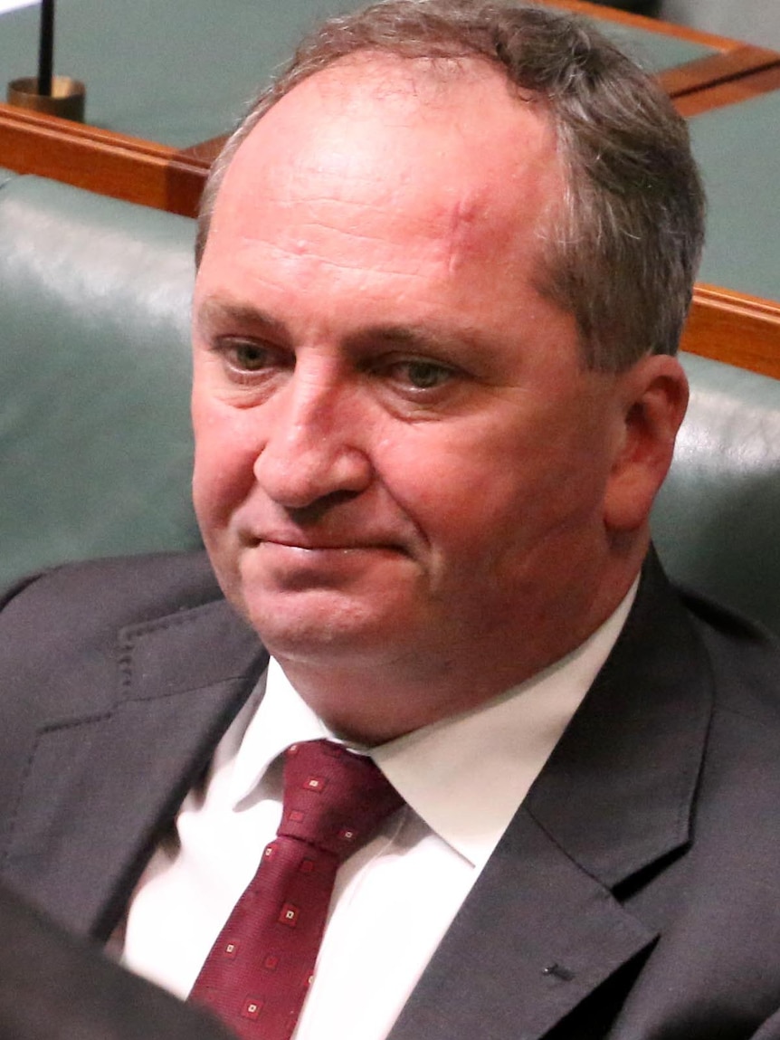 Close up of Barnaby Joyce sitting on the front bench in the House or Representatives chamber.