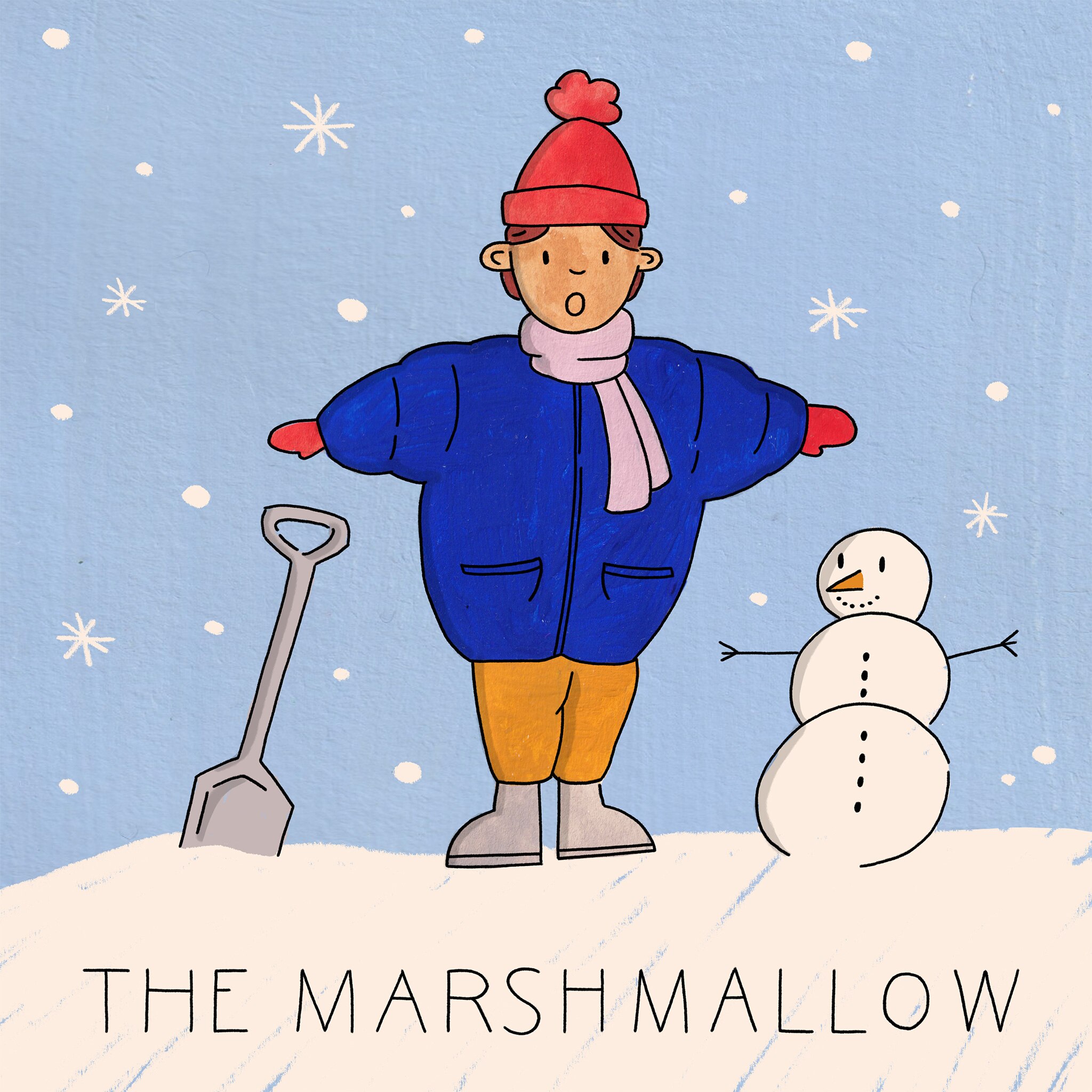 A girl in warm clothes with a snowman and shovel. Text: The Marshmallow