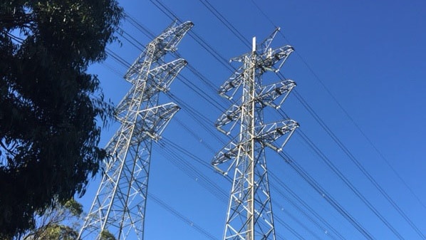 Two electricity towers against blue sky.