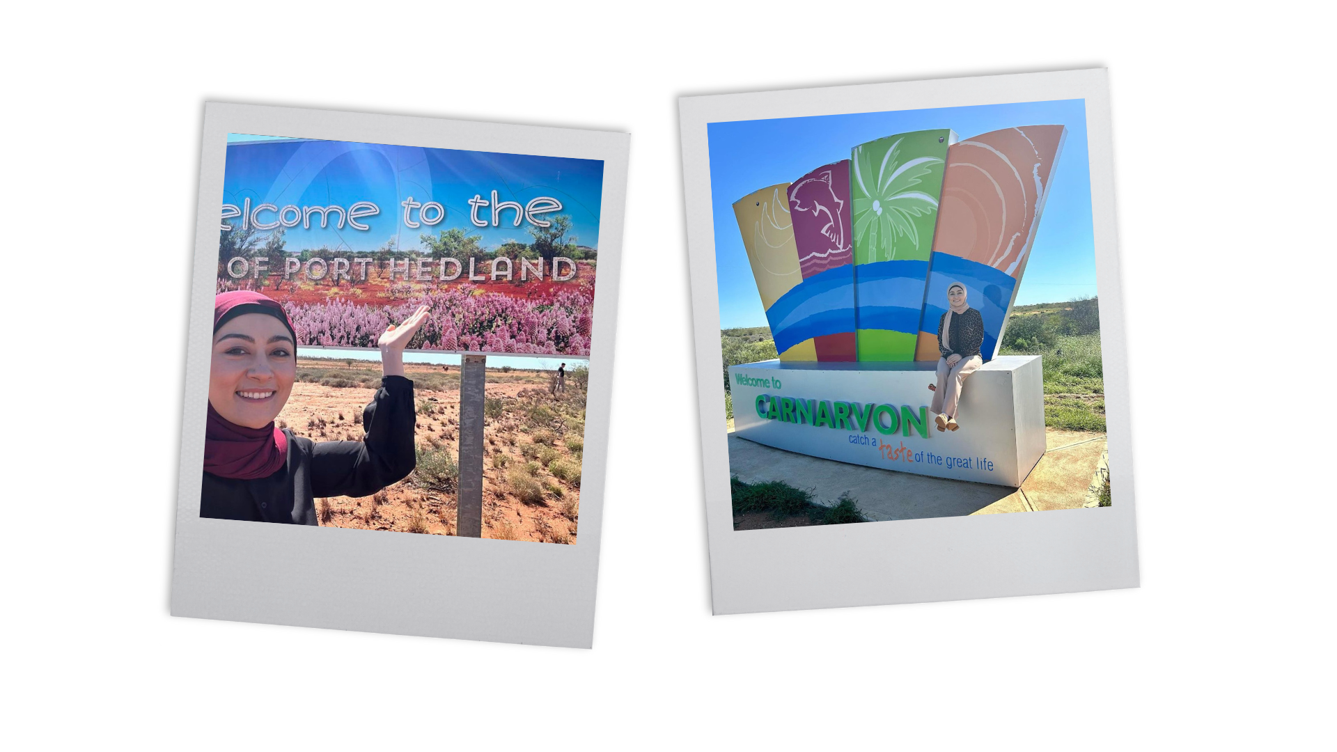 Side-by-side photos in polaroid frame of Senator Payman in front of two welcome signs of towns in WA